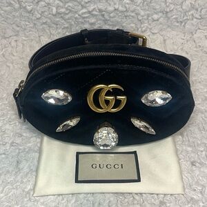 Gucci Marmont Chevron Quilted Velvet Crystal Belt Chest Bag in Black 476434